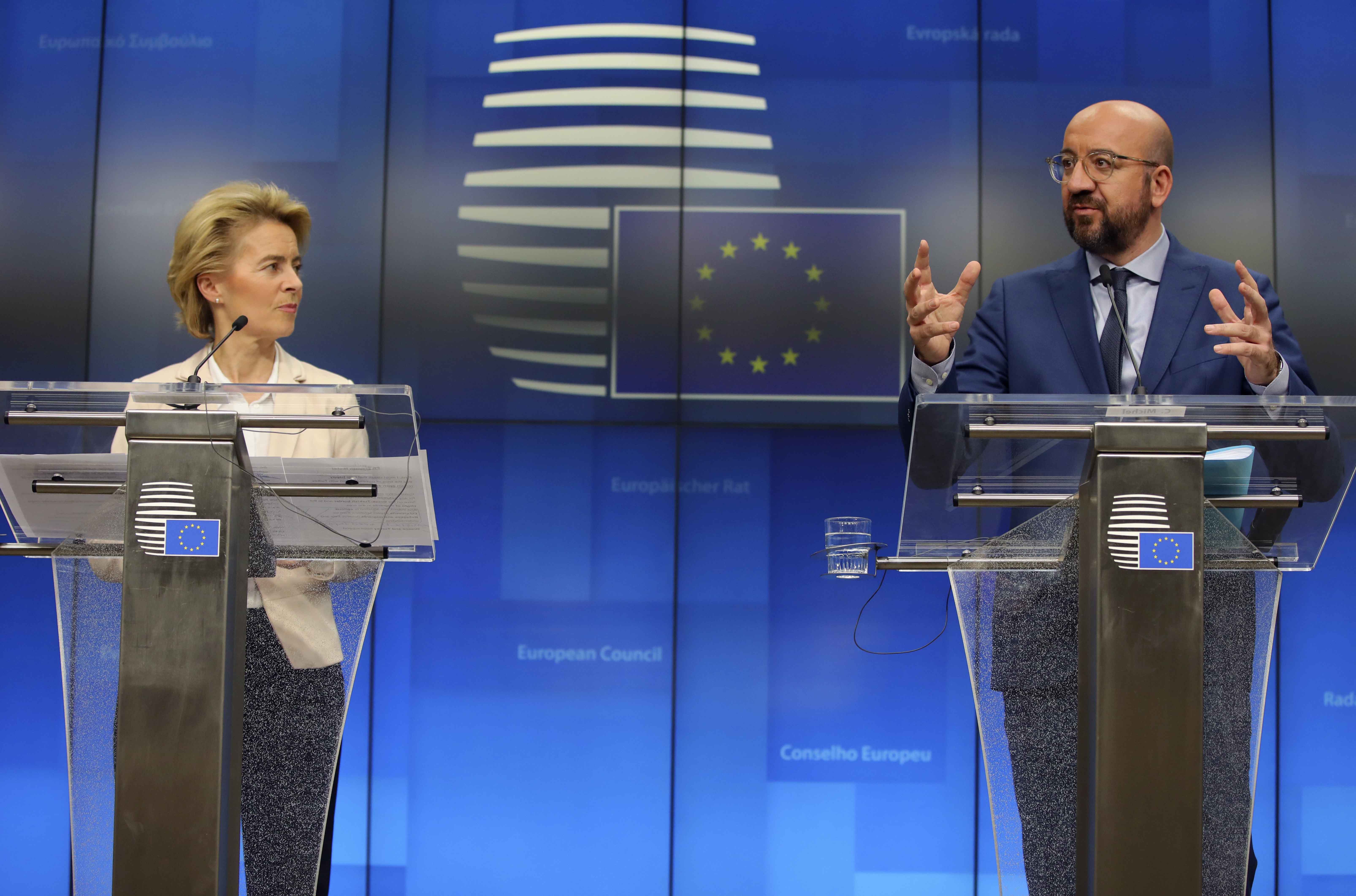 European Commission President Ursula von der Leyen and European Council President Charles Michel participate in a media conference after a meeting with Turkish President Recep Tayyip Erdogan at the European Council building in Brussels, March 9, 2020.  