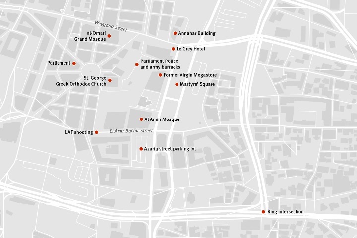 Map of downtown Beirut. Incidents covered in this research and landmarks for orientation are labeled and marked in red. 