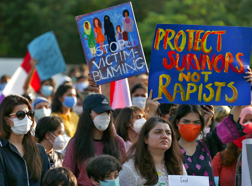 Women demonstrate to condemn the police response to the of rape of a woman by a highway, Islamabad, Pakistan, September 12, 2020. 