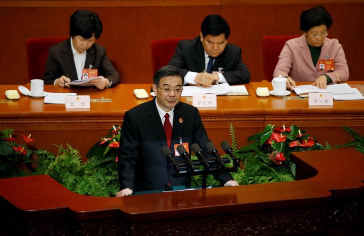 Zhou Qiang, president of China’s Supreme People’s Court, gives a speech during the National People’s Congress in Beijing on March 12, 2017. 