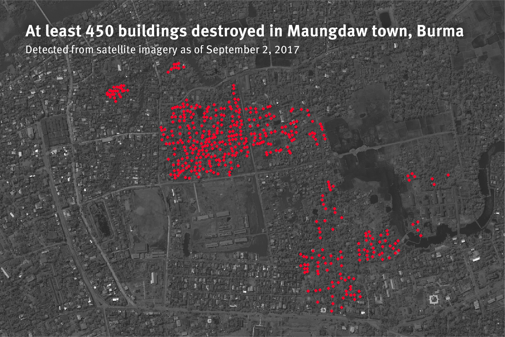 Map locating 450 buildings destroyed in August 2017 in a Rohingya neighborhood of Maungdaw town, Rakhine State, Burma.