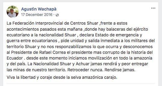 Agustín Wachapá’s original Facebook post from December 17, 2016.