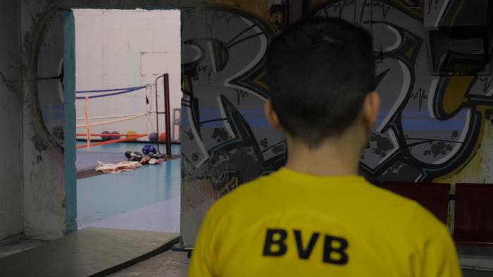 Boy in boxing gym with back towards camera