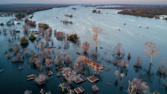 An aerial view of a village partially underwater