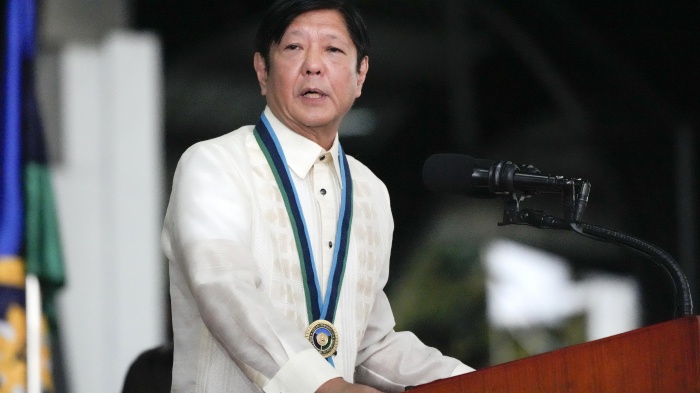 Philippines President Ferdinand Marcos Jr. delivers a speech at Camp Aguinaldo military headquarters in Quezon City, December 21, 2023. 