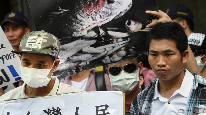 Vietnamese activists hold a photo of dead fish allegedly killed with toxic chemicals during a protest to urge Formosa Plastics Group to take responsibility for the cleanup in Vietnam, August 10, 2016, in Taipei, Taiwan.