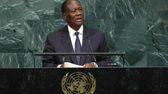 Le président de la Côte d'ivoire, Alassane Ouattara, s'adresse aux délégués lors de la 72ème session de l'Assemblée générale des Nations Unies au siège de l'ONU à New York, le 20 septembre 2017. REUTERS/Eduardo Munoz