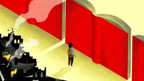 An illustration of a schoolchild staring at a wall, with a burning city behind them