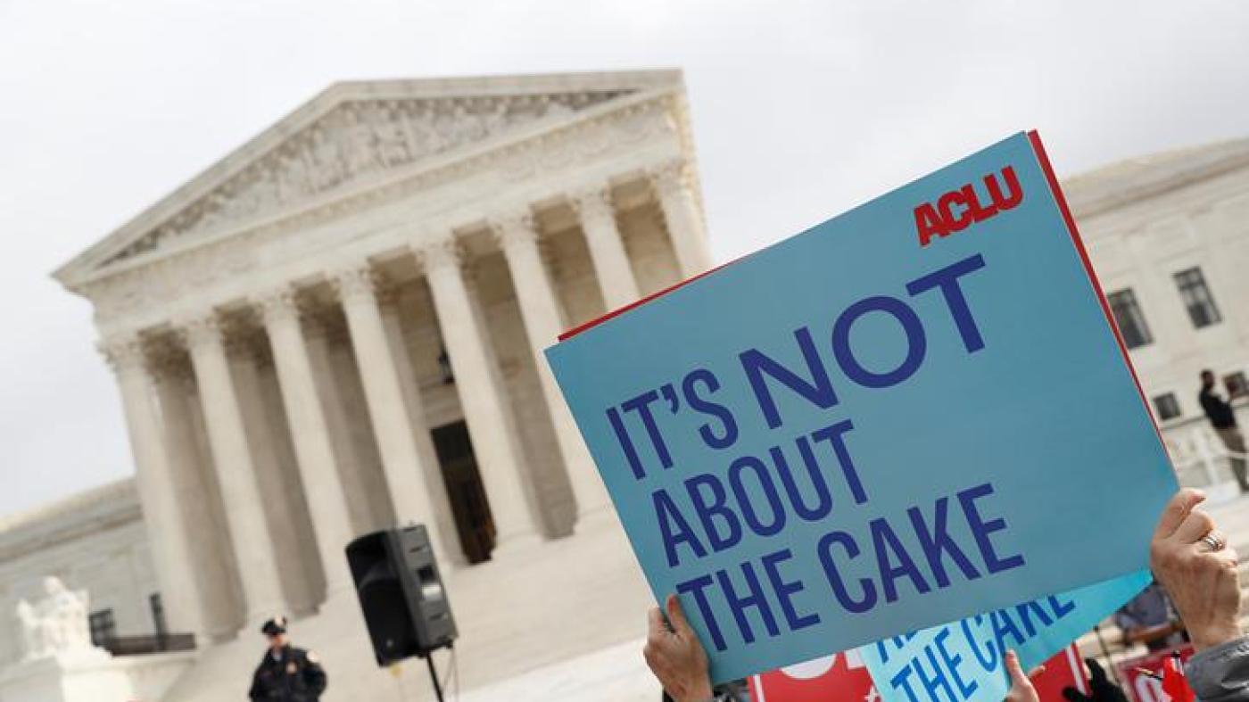 Demonstrators protest during oral arguments in the Masterpiece Cakeshop vs. Colorodo Civil Rights Commission case at the Supreme Court in Washington, U.S., December 5, 2017. 