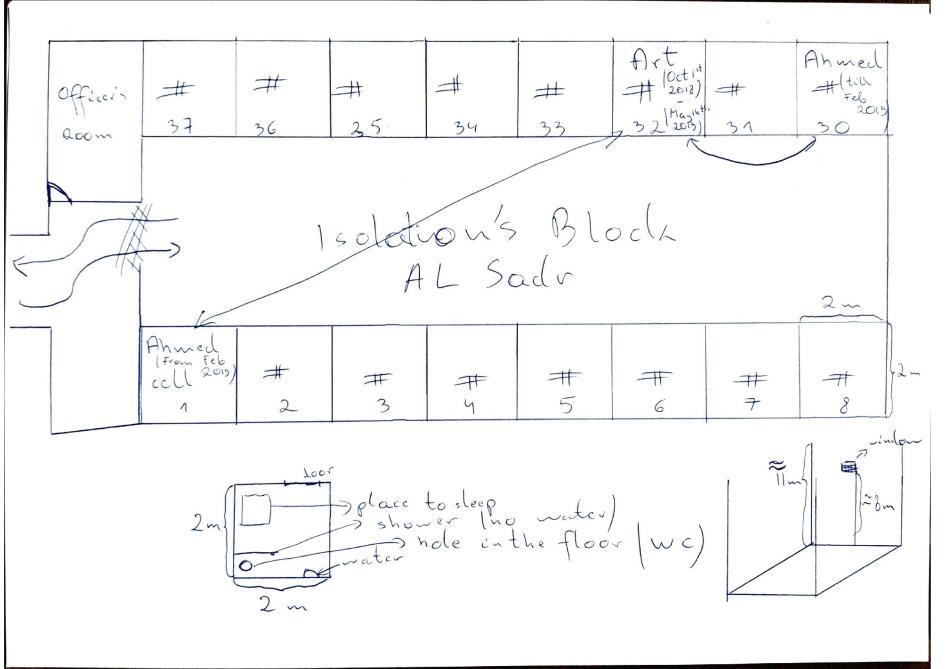 A hand-drawn sketch showing the floorplan of an isolation ward