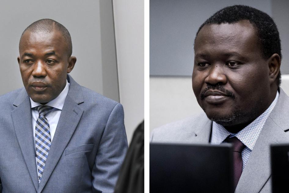 Alfred Yekatom (à gauche) et Patrice-Edouard Ngaïssona (à droite), photographiés les 23 novembre 2018 et 25 janvier 2019, respectivement, lors de leur comparution devant la Cour pénale internationale (CPI) à La Haye, aux Pays-Bas.