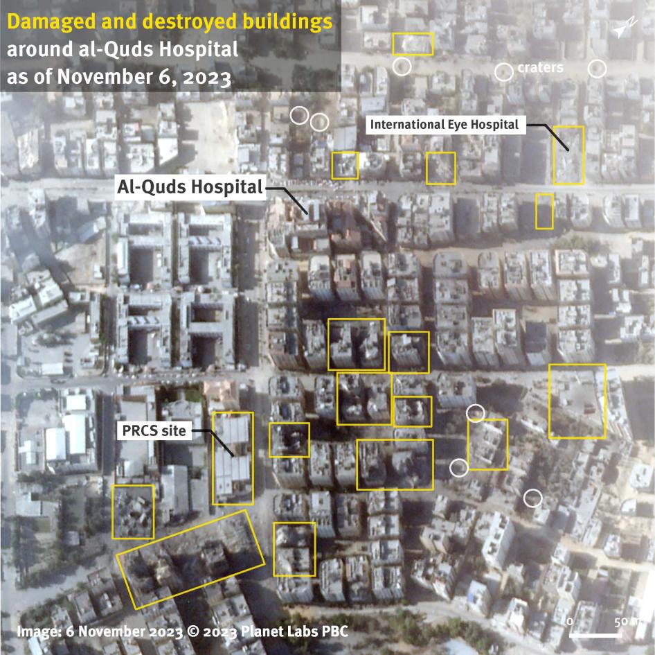 Satellite imagery from November 6, 2023 shows several high buildings damaged or destroyed in the streets adjacent to Al Quds hospital, Gaza City.