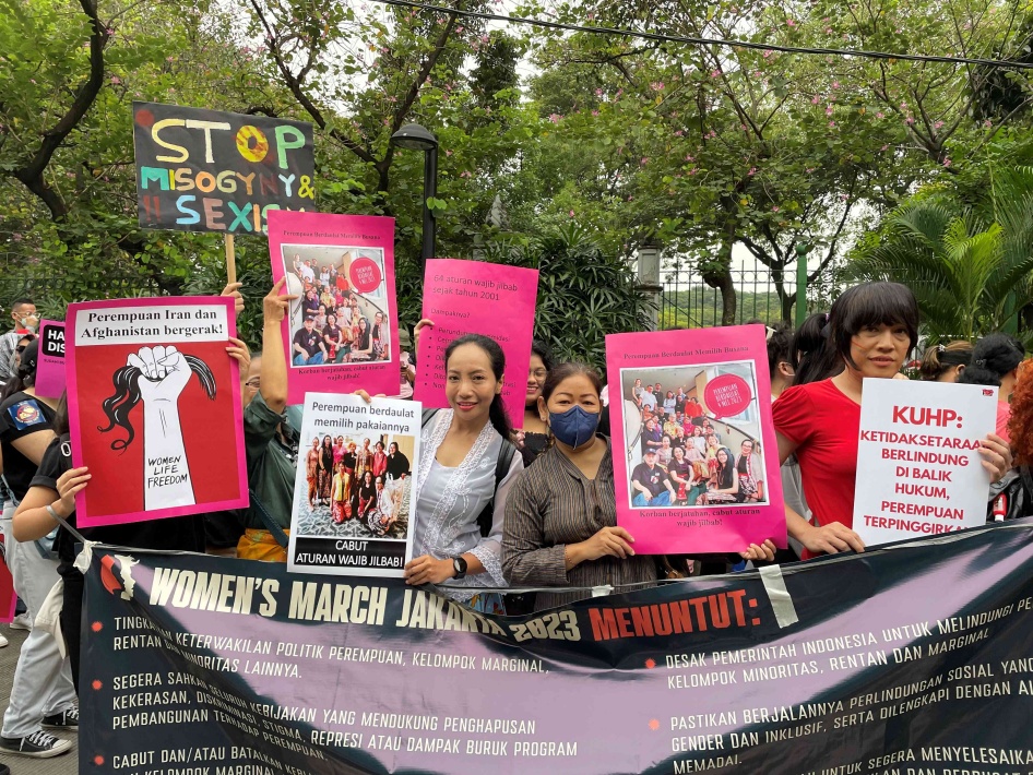 Demonstrators for women's rights demand that the government revoke mandatory hijab regulations, Jakarta, Indonesia, May 2023.