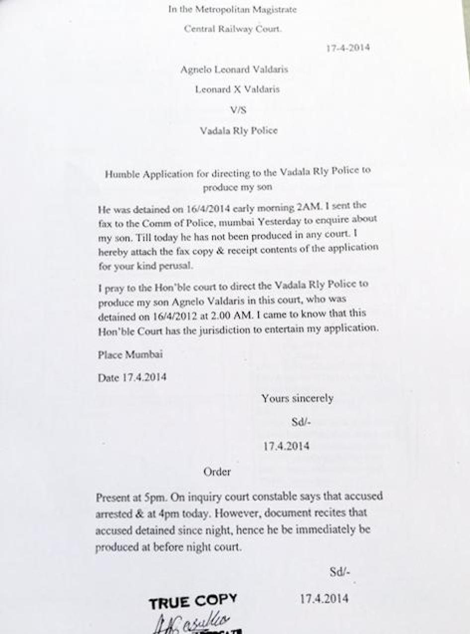 Copy of Leonard Valdaris’s application to the metropolitan magistrate at central railway court and the court’s order, April 17, 2014.