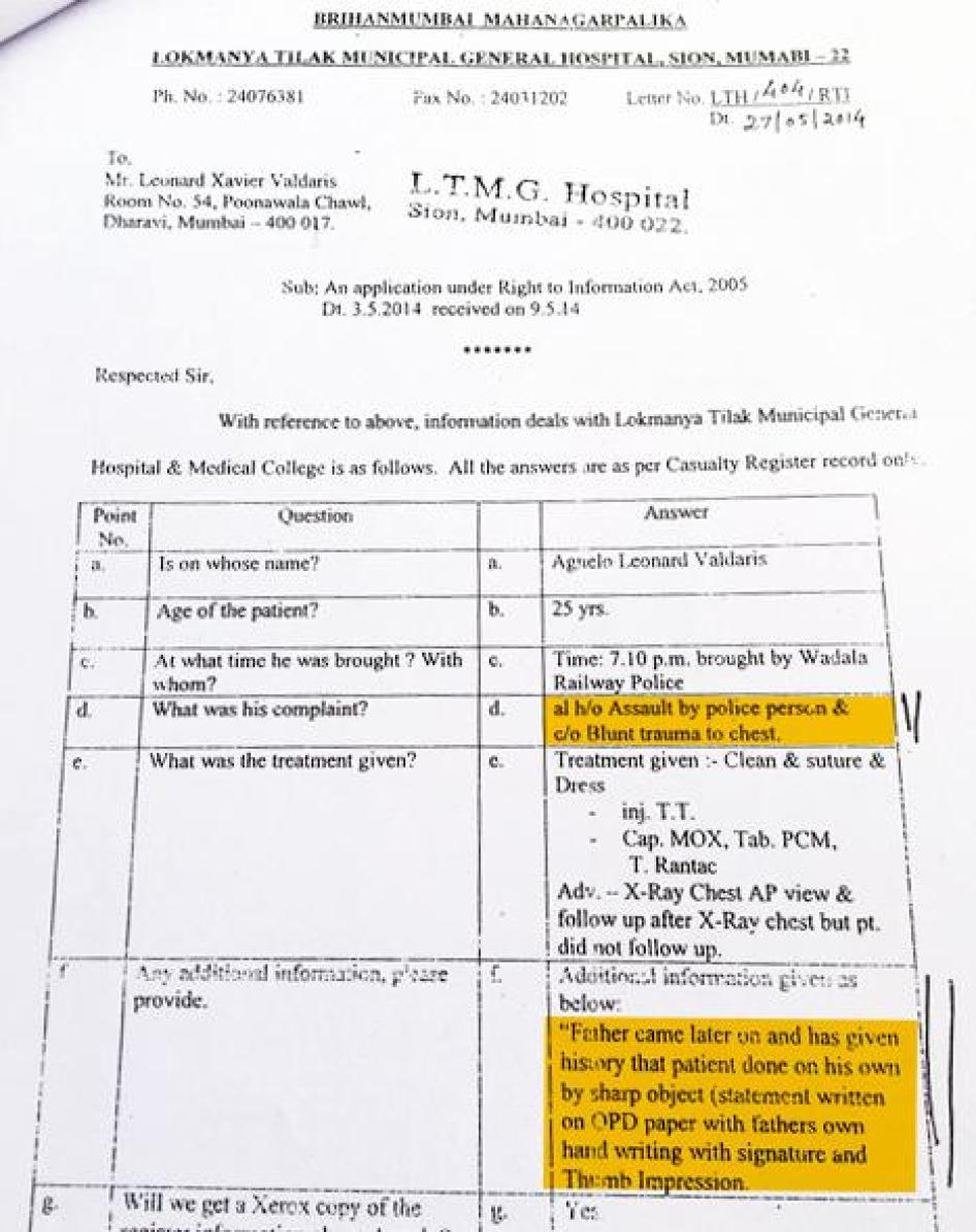 Copy of casualty medico-legal register record, Lokmanya Tilak Municipal General Hospital, Mumbai, April 17, 2014.