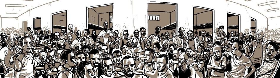 Artist rendition of overcrowded men’s section at Zuwara detention center, Zuwara.