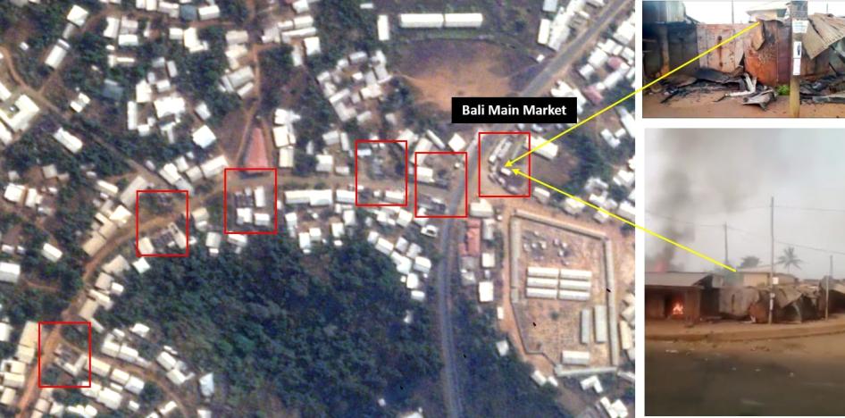 À gauche : Image satellite du marché principal de Bali prise le 2 février 2020 avec des bâtiments visiblement endommagés en rouge. (© Planet Labs) À droite : Captures d’écran de vidéos montrant des bâtiments endommagés dans le marché.