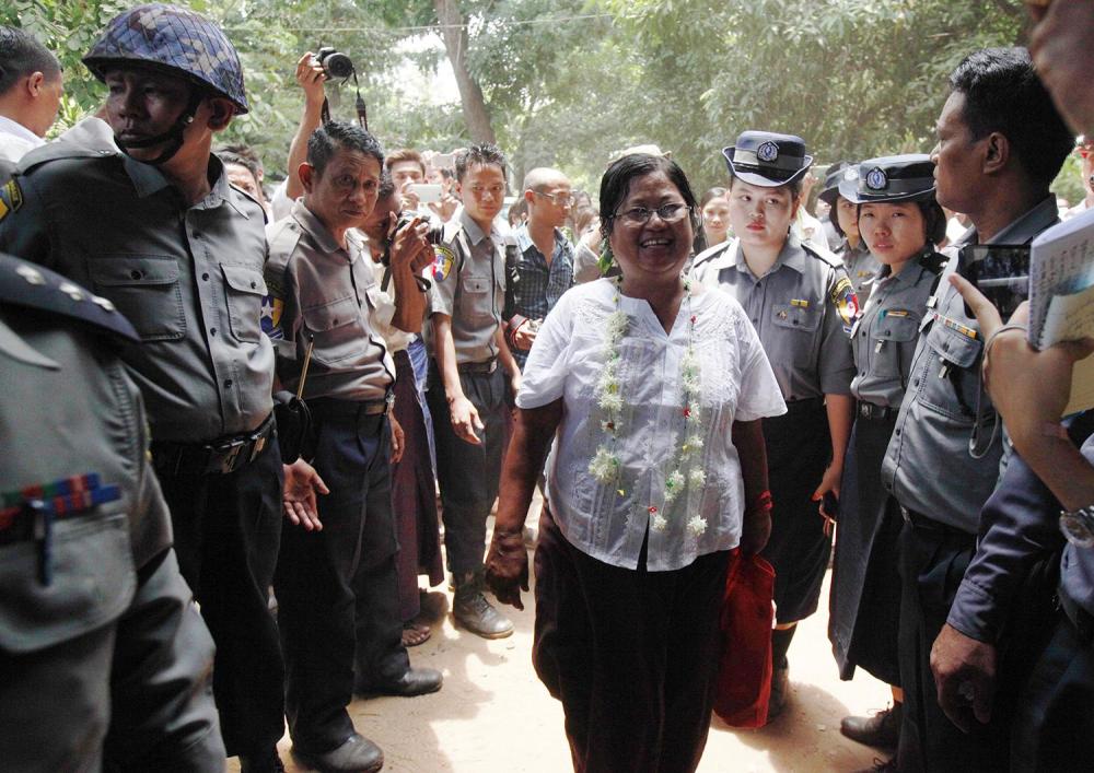 Activist Naw Ohn Hla arrives at a Rangoon township court for her trial on May 15, 2015. She was sentenced to six years, four months in prison for one peaceful protest, but was released in April 2016 as part of the prisoner amnesty under the new National L