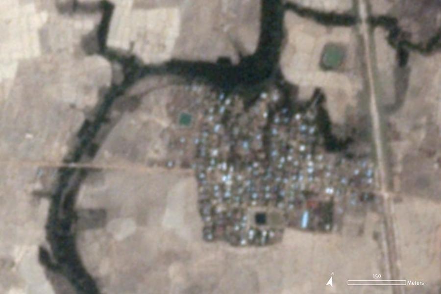 Satellite imagery recorded on May 16, 2020, at 4:01 a.m. UTC (10:31 a.m. local time) does not show signs of damage in Let Kar village at that specific time. 