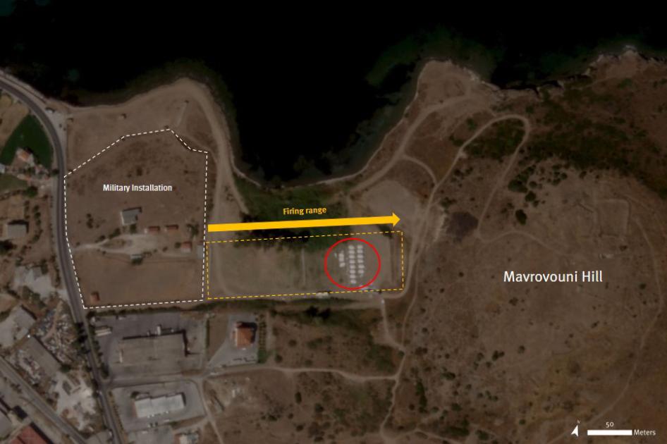 Mavrovouni camp with at least 200 tents located on the former firing range strip. 
