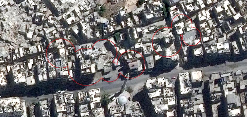 Satellite imagery showing the neighborhood of al-Kallaseh in Aleppo, Syria, before airstrikes that took place on September 23, 2016.