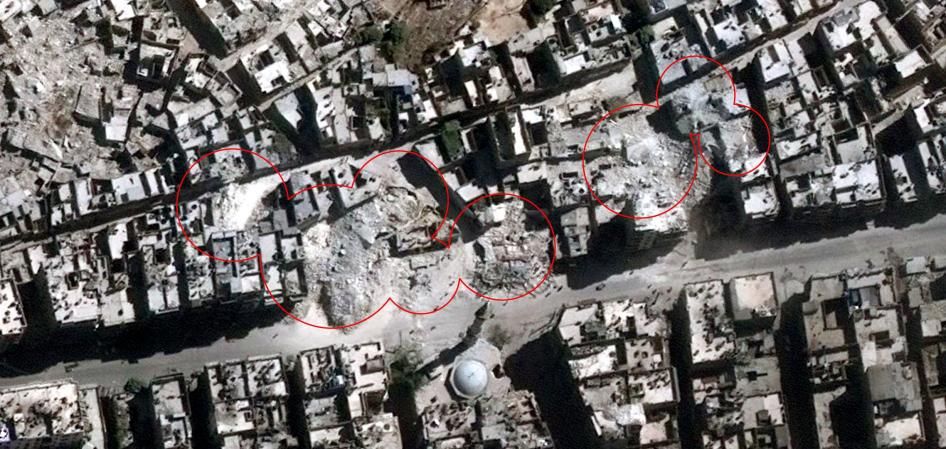 Satellite imagery showing the neighborhood of al-Kallaseh in Aleppo, Syria, after airstrikes that took place on September 23, 2016.