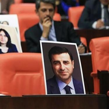 Selahattin Demirtaş, former co-chair of the Peoples’ Democratic Party (HDP), was among MPs jailed on November 4, 2016. His vacant seat in the general assembly of Turkey’s parliament is shown here marked with his photo.