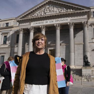The president of the Trans Platform Federation, Mar Cambrollé seen during a rally to pass the so-called 'Trans Law' in the Congress of Deputies in Madrid. 
