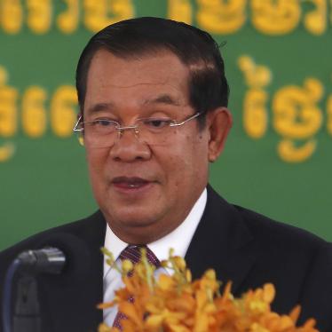 Cambodian Prime Minister Hun Sen during a handover ceremony at Phnom Penh International Airport in February 2021.