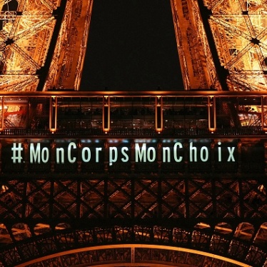 A message reading "My body my choice" is projected onto the Eiffel Tower on March 4, 2024. 