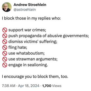 In a twitter post, Andrew Stroehlein describes the rules he uses to block people on social media.