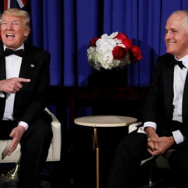 U.S. President Donald Trump (L) and Australia's Prime Minister Malcolm Turnbull (R) meet ahead of an event commemorating the 75th anniversary of the Battle of the Coral Sea, aboard the USS Intrepid Sea, Air and Space Museum in New York, U.S. May 4, 2017. 