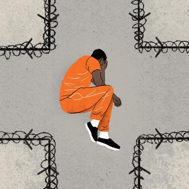 An illustration of a man in a prison uniform lying in fetal position at a crossroads (the roads have barbed wire) 