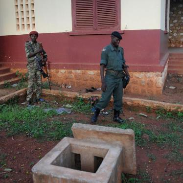Seleka fighters standing outside former President François Bozizé’s villa at the Bossembélé military training center.