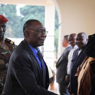 Former Central African Republic president Michel Djotodia (C) is received in Bangui on January 10, 2020 by political supporters.