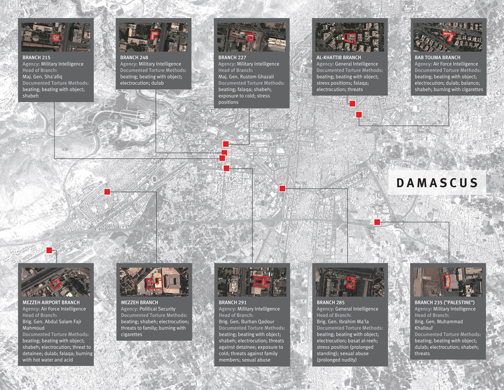 Emplacements de plusieurs centres de détention à Damas, en Syrie, identifiés par des témoins et grâce à l’analyse d'images satellite. Le recours à la torture serait fréquent dans ces centres, selon les témoignages d'anciens détenus.