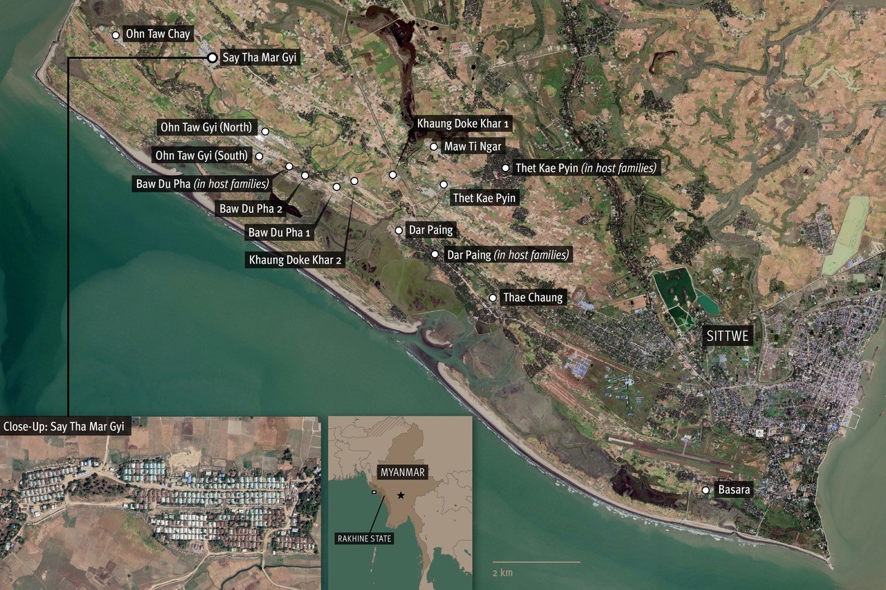 A satellite image showing locations of Rohingya camps in Sittwe, Myanmar