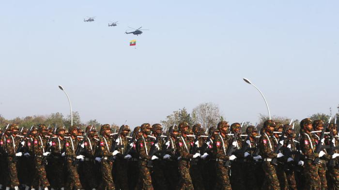 Myanmar armed forces march on the 75th anniversary of Union Day on February 12, 2022 in Naypyidaw, Myanmar. 
