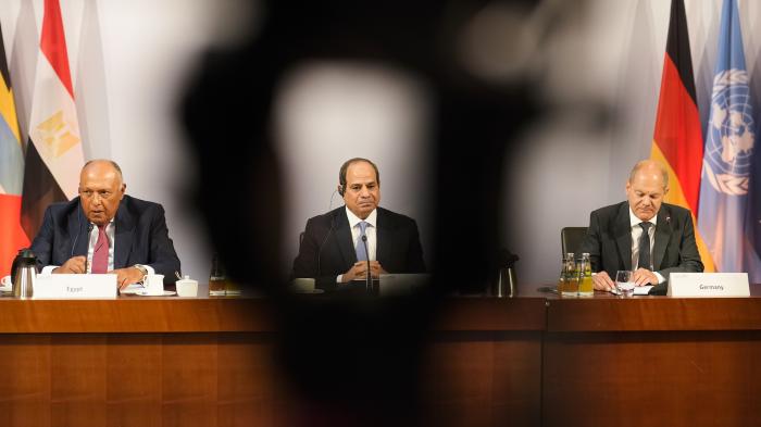 Egypt's President Abdel Fattah El-Sisi sits at the Petersberg Climate Dialogue conference. 