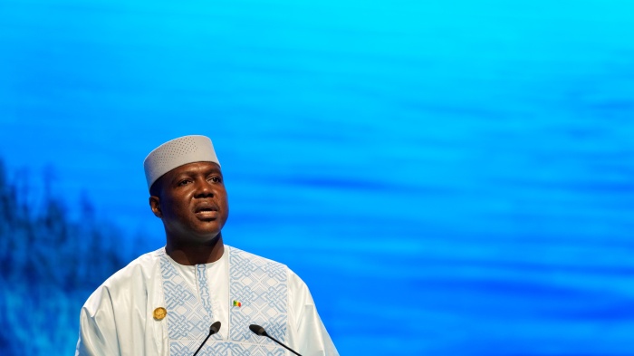 Abdoulaye Maiga, Malian minister of territorial administration, speaks at the COP27 UN Climate Summit, November 8, 2022, in Sharm el-Sheikh, Egypt.