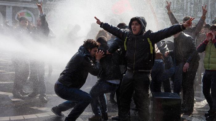 Police use water cannons to break up an unsanctioned peaceful rally in Baku on March 10, 2013 to protest the noncombat death of a military conscript and abuses in the army.