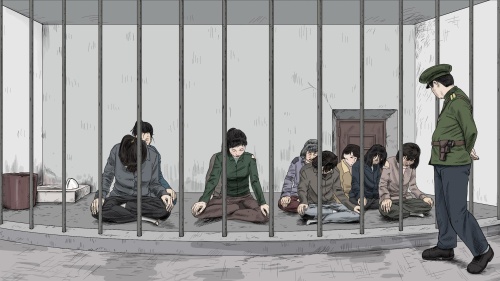 Women the sitting position in a pre-trial detention facility run by the police. Detainees are commonly forced to assume this position in pre-trial detention and temporary holding facilities.