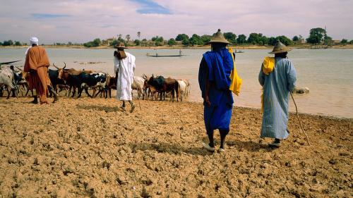 Peuhl animal herders waiting to cross the Bani River, near Sofara, central Mali. On August 7, 2018, Dozo militia allegedly detained 11 Peuhl traders as they waited to cross the river to go to Sofara market, and later killed them.