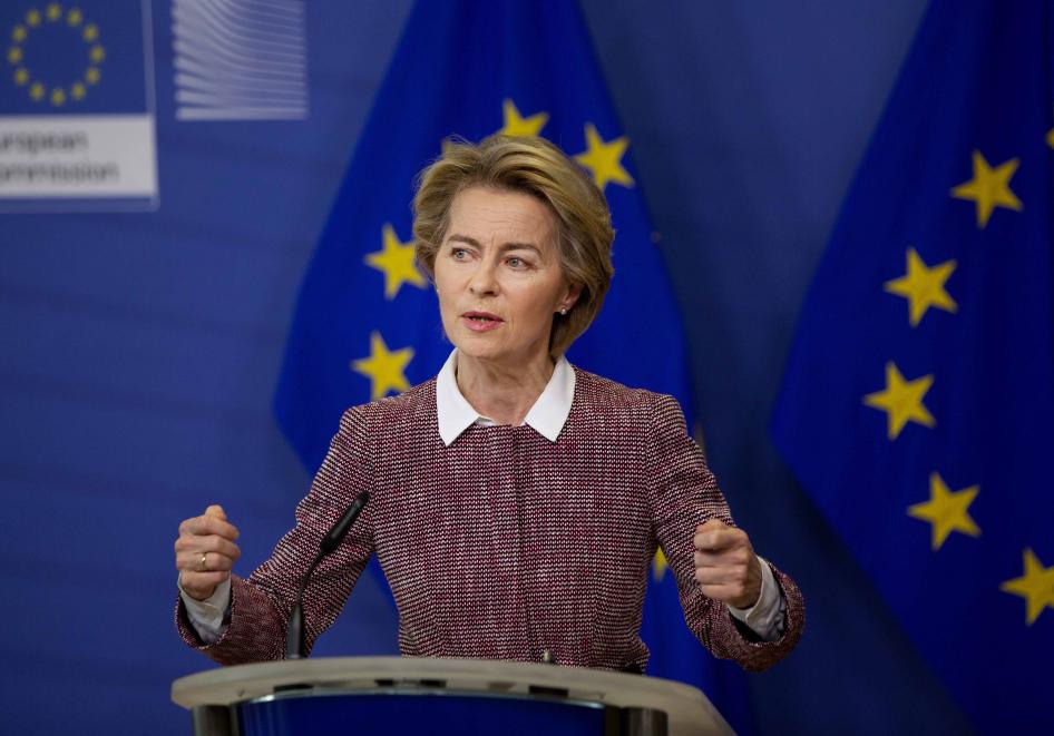 La présidente de la Commission européenne, Ursula von der Leyen, photographiée lors d'une présentation sur l'avenir numérique de l'Europe au siège de l'UE à Bruxelles, le 19 février 2020. 