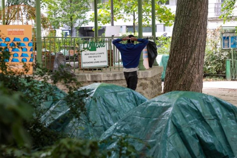 Unaccompanied migrant children camping at Jules Ferry Park in the 11th district of Paris, July 2020.