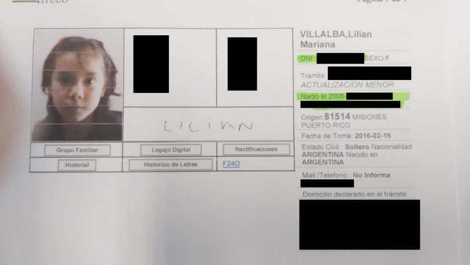 Registro de identidad de Lilian Villalba, emitido por el Registro Nacional de Personas de Argentina, una agencia gubernamental. El documento muestra que nació el 29 de octubre de 2008. Tenía 11 años cuando murió el 2 de septiembre de 2020.