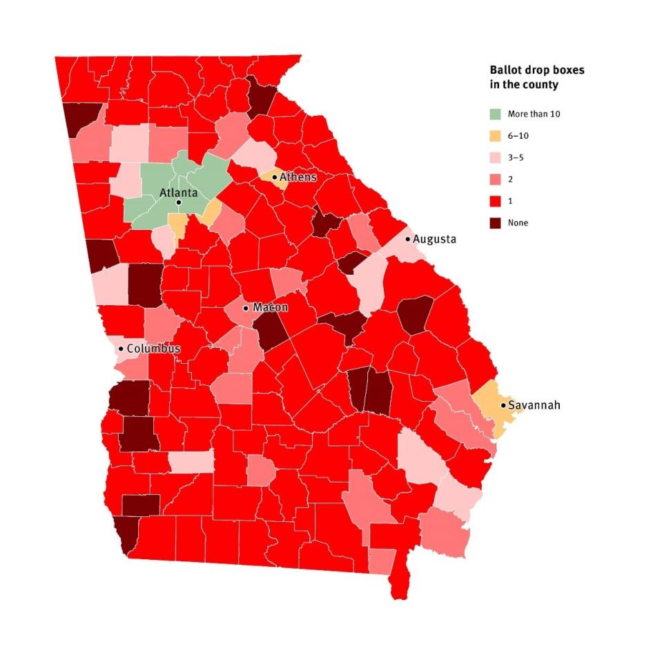 Map of Georgia Ballot Drop Box Distribution by County