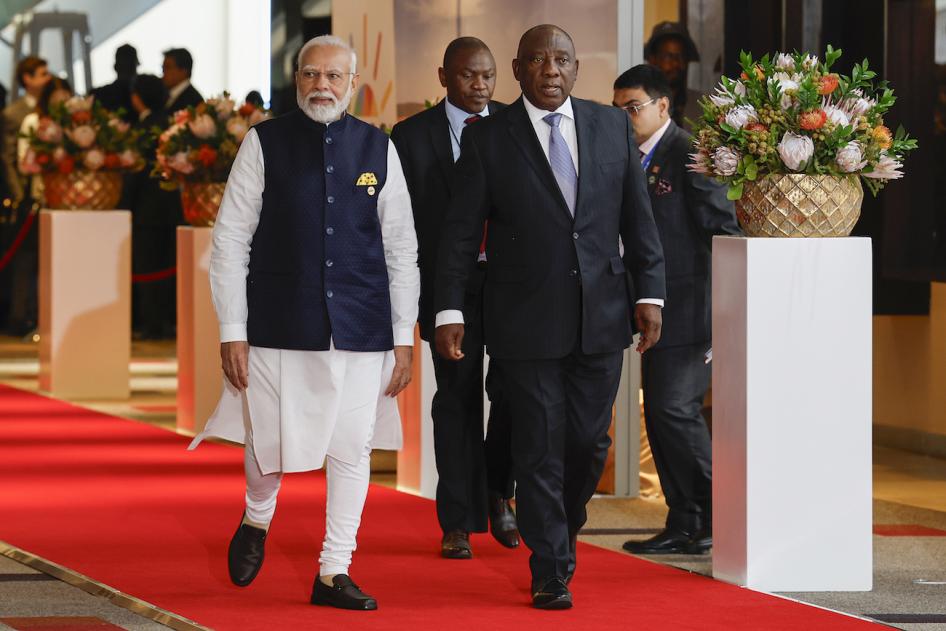  India's Prime Minister Narendra Modi, left, and South African President Cyril Ramaphosa arrive at the 2023 BRICS Summit, Johannesburg, South Africa, August 23, 2023.