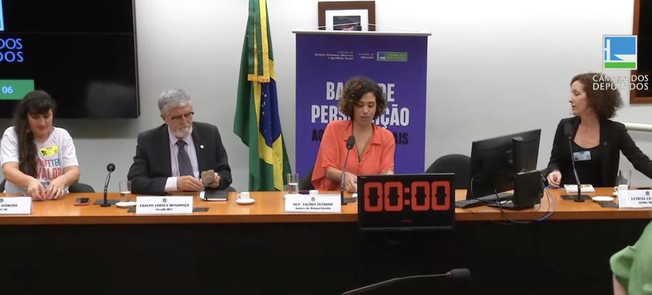A public hearing on the “harassment of teachers in Brazil” held by the Education and Human Rights committees of the Chamber of Deputies on October 30, 2023. 