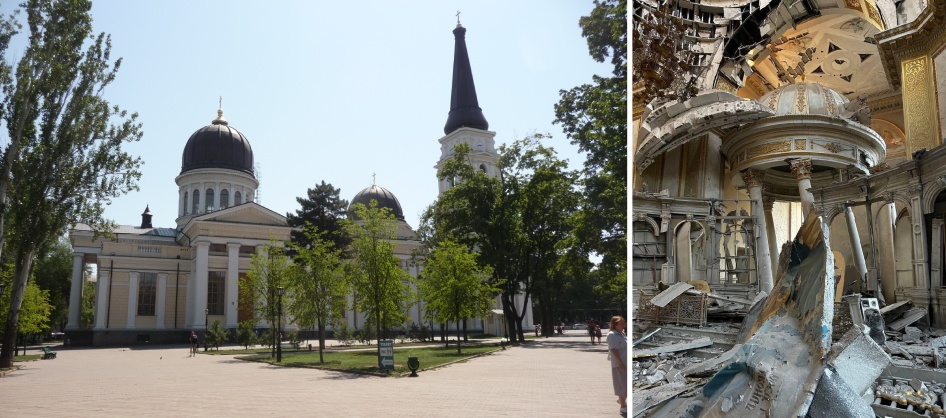 Side-by-side photos of a cathedral before and after its destruction